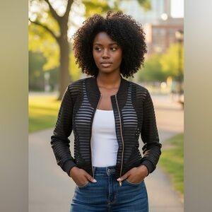 Elegant Black Striped Women's Bomber Jacket